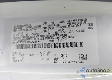 2013 Ford E-350 Super Duty Commercial from USA, damaged, VIN 1FTSS3EL8DDA29994